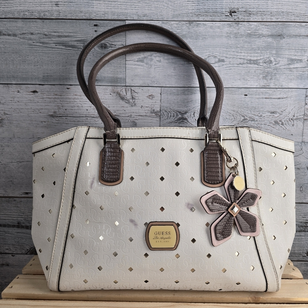Guess Hula Girl Uptown Purse Shoulder Tote Bag White Faux Leather - Picture 1 of 16